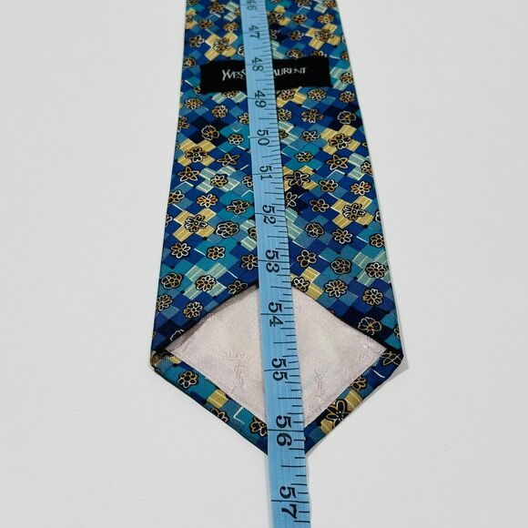 YSL Yves Saint Laurent Silk Necktie Blue Floral Geometric Handmade Italy - Picture 8 of 8